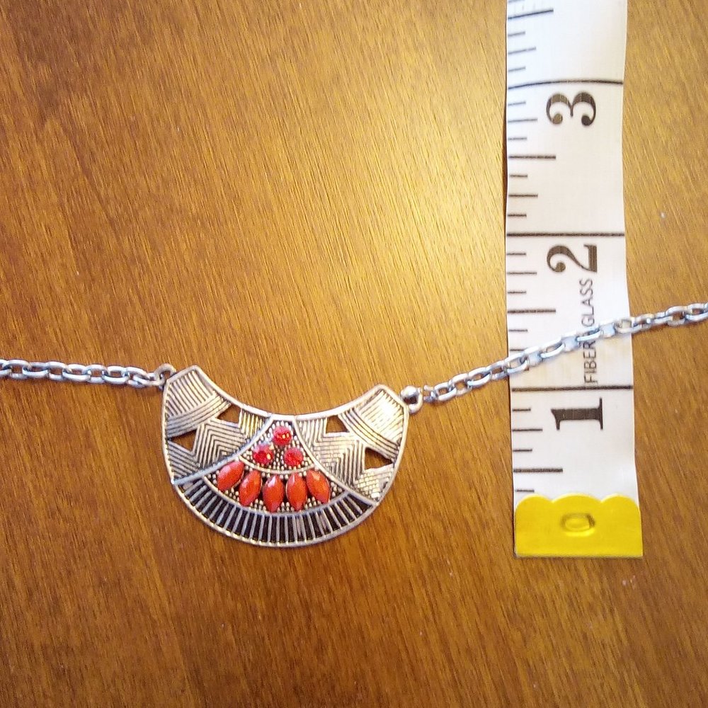Silver Tone Pendant Necklace with Red Beads and Sto…